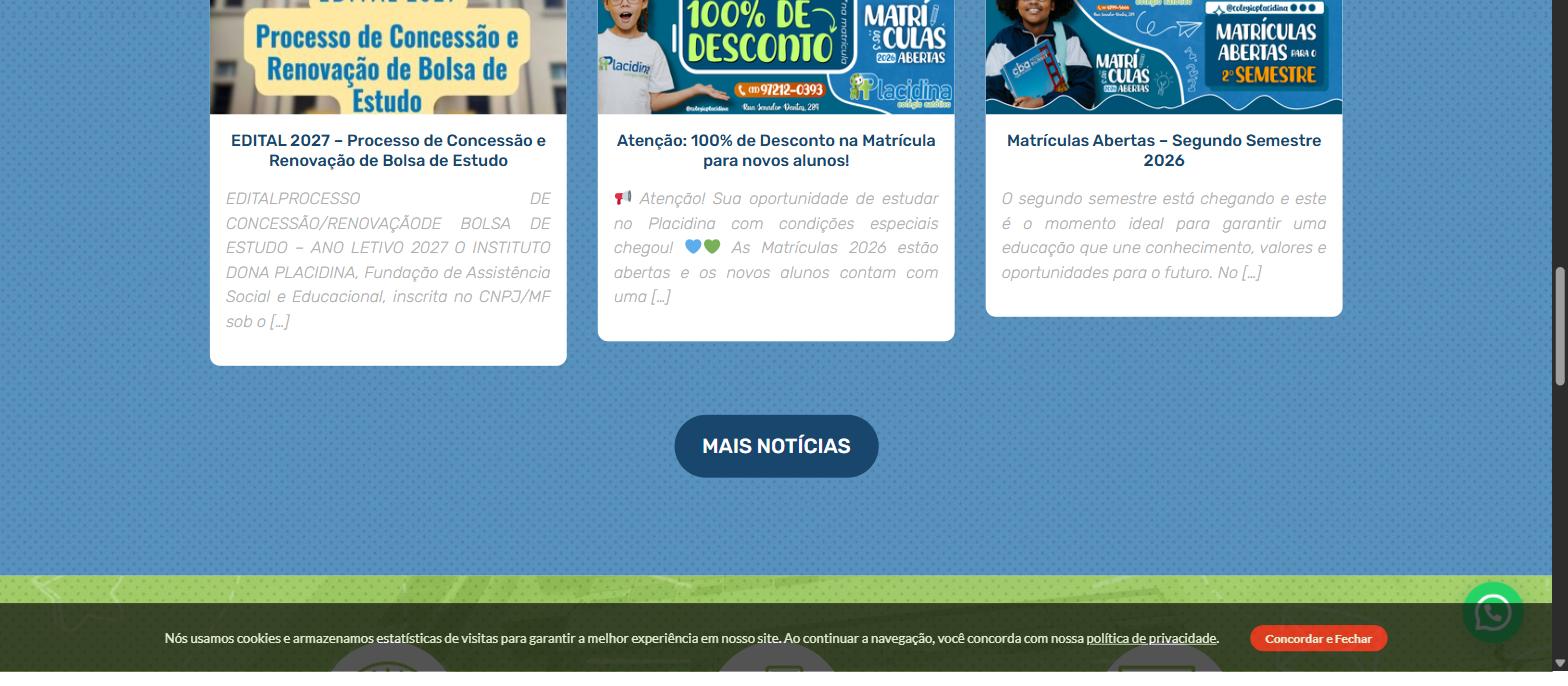 Página inicial do site do Instituto Dona Placidina, com as chamadas de matrícula do ano de 2026 em destaque